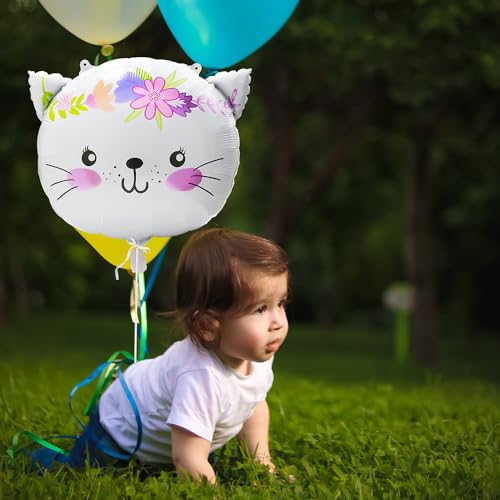 Cat Party Balloons Set - White Flower Kitten Foil Balloons for Birthday & Events