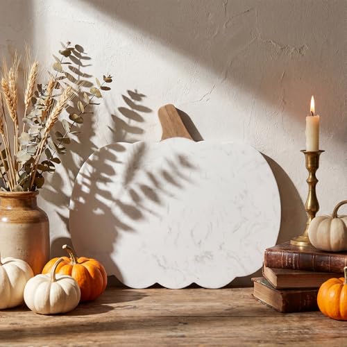 Pumpkin Shaped Marble Cheese Board - Fall Autumn Decorative Serving Tray - White, 11 x 9.8 Inch