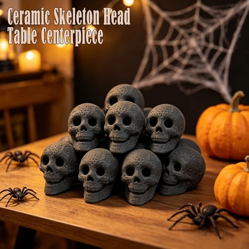 8 Piece Ceramic Skull Fire Pit Decor - Reusable Halloween Skeleton Head Set - Black Variation