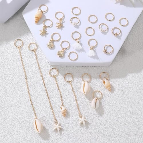 Gold Seashell Conch Starfish Hair Charm Ring Set for Braiding & Dreadlocks - Long Variation