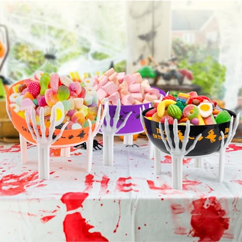 Halloween Candy Bowl Set - 10 Inch Large Plastic Trick or Treat Baskets with Holder - White