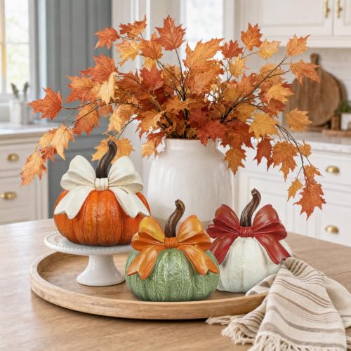 Fall Pumpkin Decor Set of 3 with Bows - Artificial Resin Rustic Autumn Decorations - White, Orange, Green