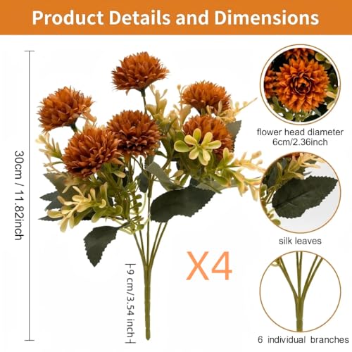 Artificial Fall Flowers - Burnt Orange Faux Mums for Outdoor Decor, 24 Heads