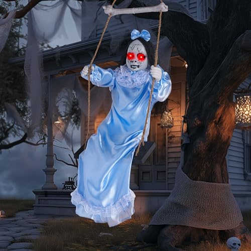 3ft Hanging Ghost Decorations for Halloween Outdoor Indoor Creepy Twins with LED Red Eyes