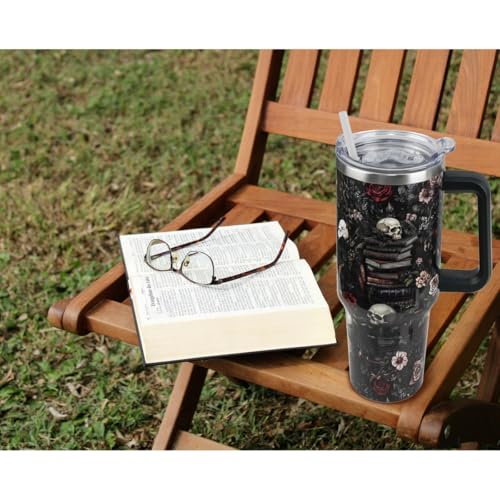40oz Gothic Skull Rose Tumbler for Book Lovers Insulated Travel Mug - Black