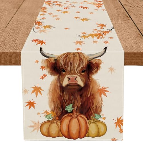 Fall Cow Pumpkin Linen Table Runner 13x72 Inch for Kitchen Dining Decor