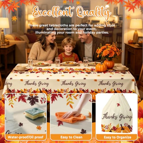 Thanksgiving Plastic Tablecloth 54x108 Inches - Maple Leaf Pumpkin Pattern, Disposable Cover for 6-8 Foot Tables, 8 Pack
