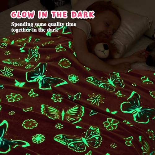 Glow in the Dark Butterfly Blanket for Girls - Pink 50x60 Inches, Kids Room Decor & Gift