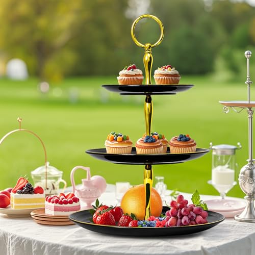 Black Gold 3-Tier Cupcake Stand Plastic Dessert Display for Parties