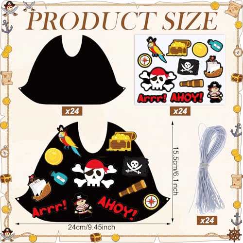 Pirate Party Hats Set with Stickers & Elastic Ropes - 24 Count