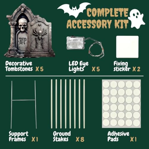 Halloween Tombstones Yard Signs with Stakes - 5 Pack, Glow-in-Dark Eyes, Realistic Haunted Cemetery Decor