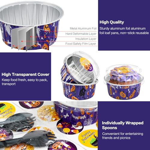 Purple Halloween Mini Cake Pans with Lids - 60 Pack 5oz Disposable Bakeware