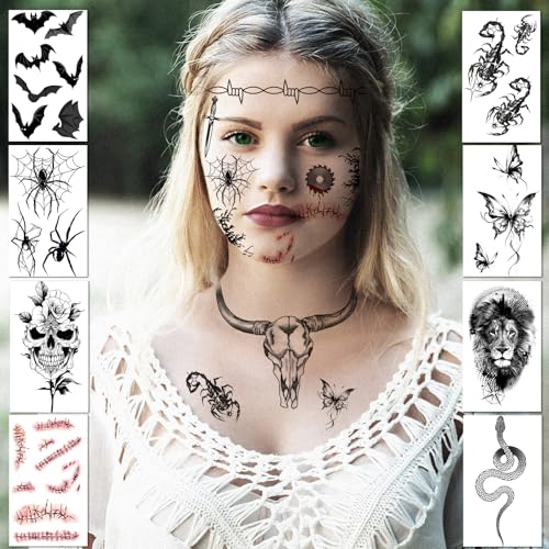 Halloween Spider Bat Snake Temporary Tattoos - Face Stickers for Costume & Party