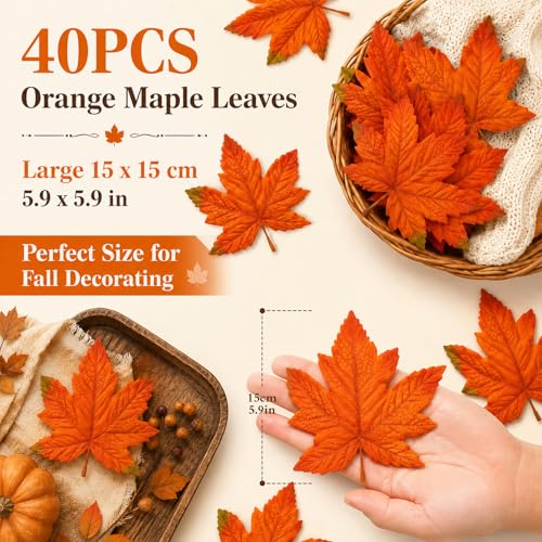 Artificial Fall Maple Leaves - 40pcs Autumn Leaves for Thanksgiving & DIY Decor - Orange, Realistic Design