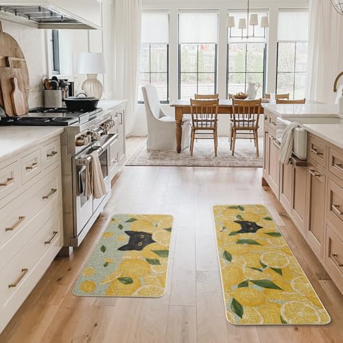 Black Cat Kitchen Mats Set of 2 - Non-Slip Low-Profile Floor Rugs for Home & Kitchen