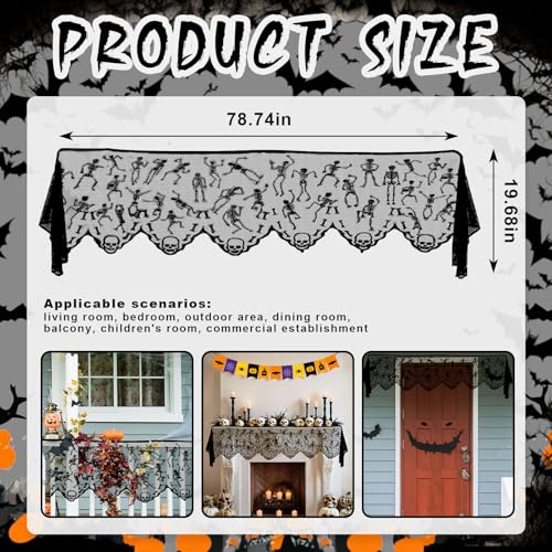 Halloween Skeleton Mantle Scarf - Black Lace Fireplace Cover with Embroidered Skull - 79 x 20 Inch - Skeleton Variation