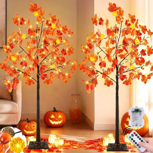 TURNMEON 2 Pack 4ft Prelit Fall Maple Trees with Pumpkins & Acorns - Outdoor Halloween Decor