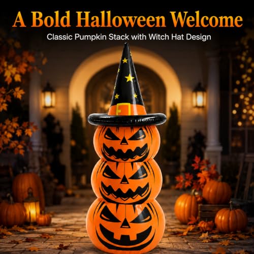 Inflatable Halloween Pumpkin Decoration - 67 Inch Jack O Lantern Yard Display with Witch Hat