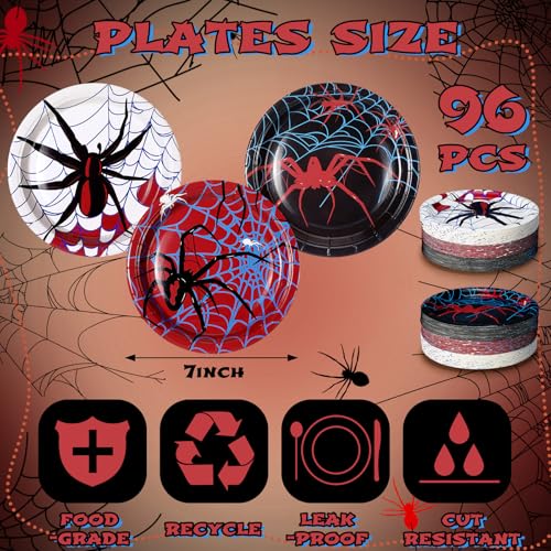 Fourluoo 96-Pack Spider Paper Plates - Black, Red, 7 Inch, Disposable Halloween Partyware