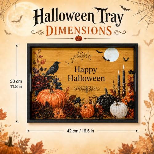 Bamboo Halloween Wooden Serving Tray with Handles 17x12 inches - Fall Decor