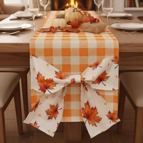 Fall Table Runner Orange Plaid Decor with Bowknot 13'' x 60'' - Autumn Harvest Thanksgiving Halloween