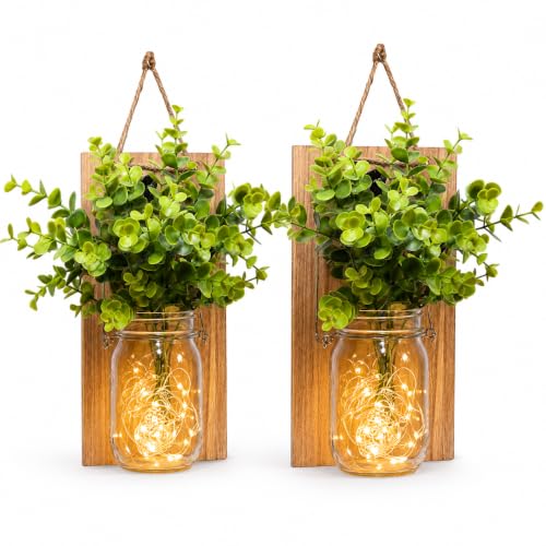 2-Pack Rustic Mason Jar Wall Sconces with LED Fairy Lights & Green Plants