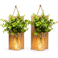 2-Pack Rustic Mason Jar Wall Sconces with LED Fairy Lights & Green Plants