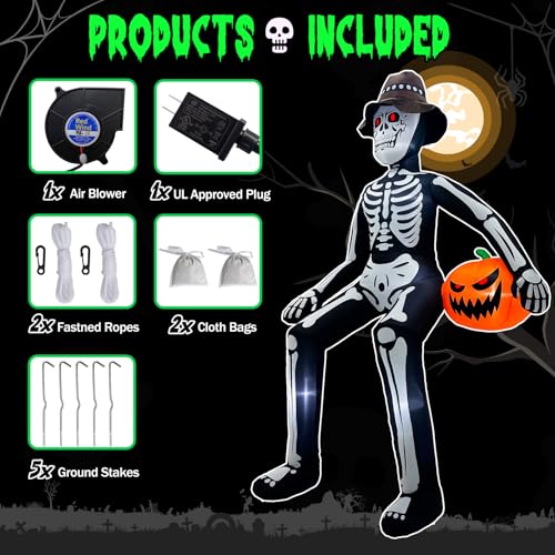 Black 10 ft Inflatable Skeleton Halloween Decor Outdoor - Giant Blow Up Skeleton with LED Lights