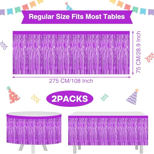 Purple Foil Fringe Tinsel Table Skirt - 2 Pack for Rectangular Tables Party Decoration