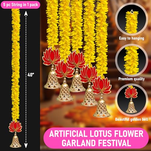 Artificial Lotus Flower Garland for Diwali Home Decor - Yellow, 5 Pcs