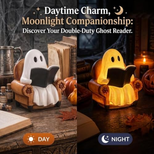 Cute Ghost Book Lamp with LED Light - Halloween & Reading Nook Decor