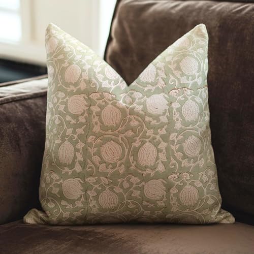 Light Green Handmade Block Print Cotton Throw Pillow Cover 14x20 Inches with Invisible Zipper - Farmhouse Decor