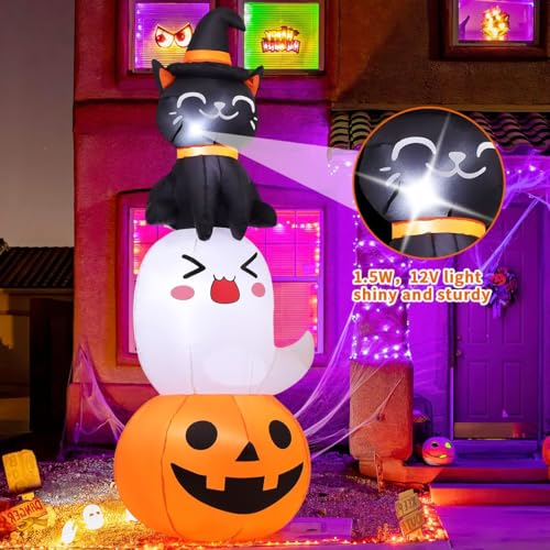 6 Ft Halloween Inflatable Pumpkin Ghost and Black Cat Yard Decor with LEDs