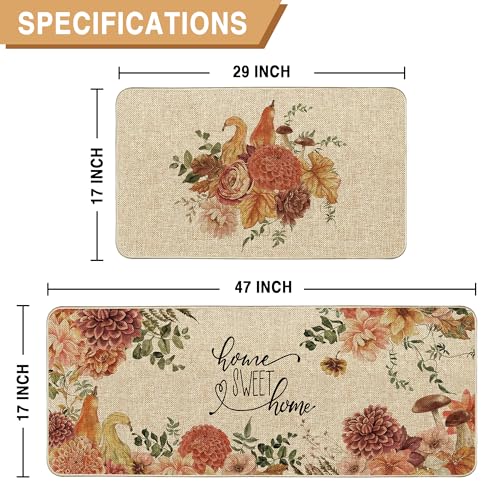 Fall Dahlia Pumpkin Kitchen Mats Set - 17 x 29 & 17 x 47 Inches, Thanksgiving Decor
