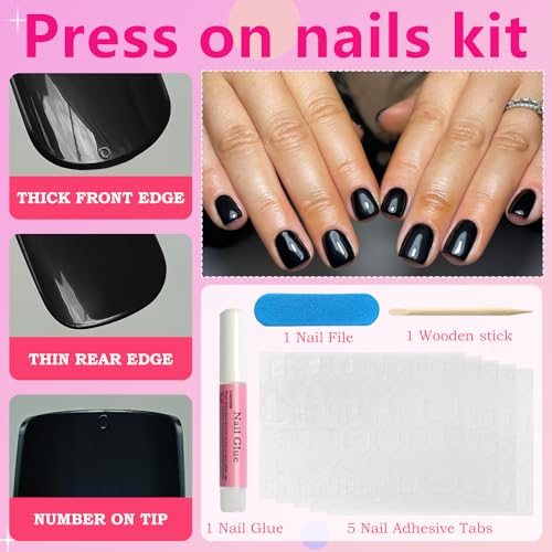 AddFavor Black Short Press On Nails Kit - 240PCS Fake Nails with Adhesive Tabs