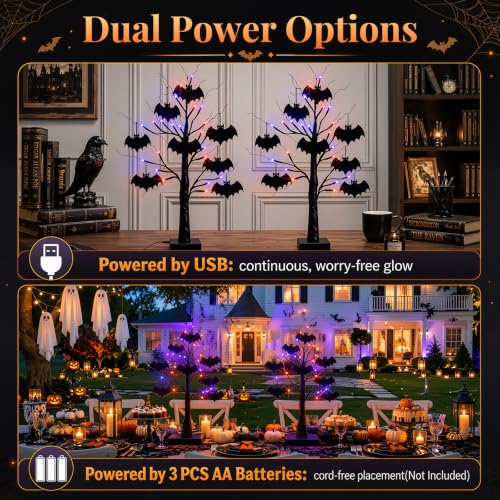 Indoor Halloween Black Tree Decorations Set - 24 Inch 2-Pack with LED Lights & Bat Ornaments