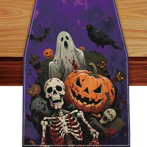 Purple Halloween Pumpkin Table Runner 13x72 Inches Spooky Decor for Dining