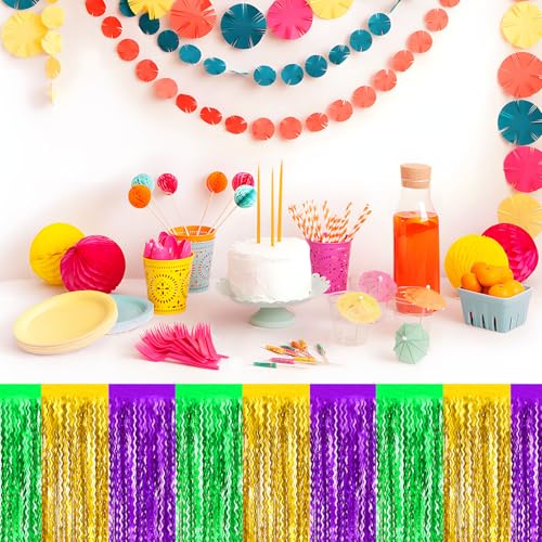Gold Green Purple Wave Foil Fringe Table Skirts Set - 6 Pack, 29x108 Inches, Party Decorations