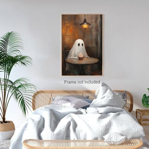 Ghost Eating Cupcake Wall Art Unframed 11x14in - Gothic Rustic Halloween Decor