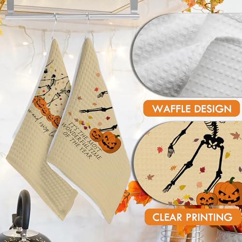 Halloween Kitchen Towels Set of 2 - Dancing Skeleton Pumpkin Design - Yellow Variation