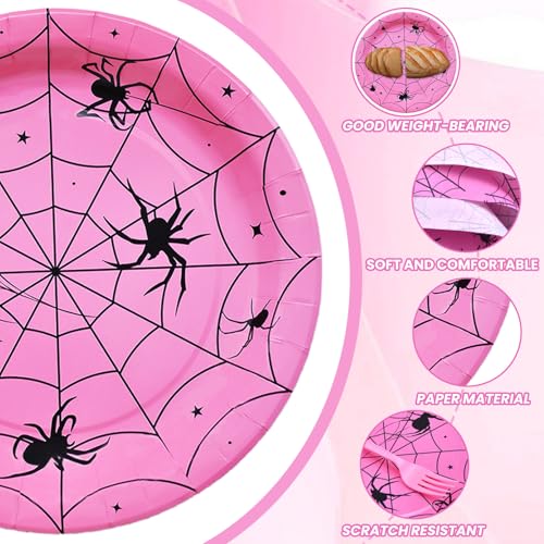 Pink Halloween Spider Web Disposable Dinnerware Set for 24 Guests