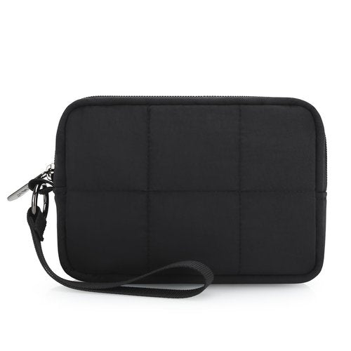 JINSI Small Zipper Puffer Makeup Bag for Wristlet Wallets, Quilted Nylon Cosmetic Pouch Organizer Toiletry Bag for Travel, Cute Make Up Bags Purse for Women Girl, Black