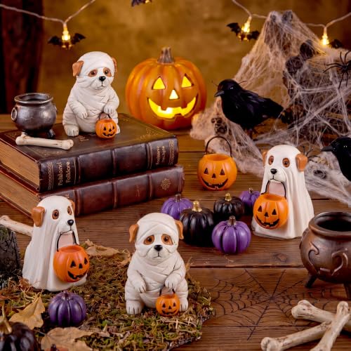 Halloween Ghost Dog Decor Set - Mummy & Pumpkin Figurines for Fall Home Decor
