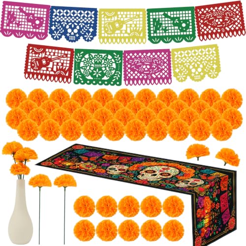 Dia De Los Muertos Decoration Set with Marigolds Banner Tablecloth & Altar Decor