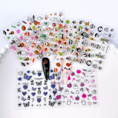 Halloween Nail Art Stickers - 30 Sheets Ghost Pumpkin Bat Cat Skull 3D Decals with Style-24