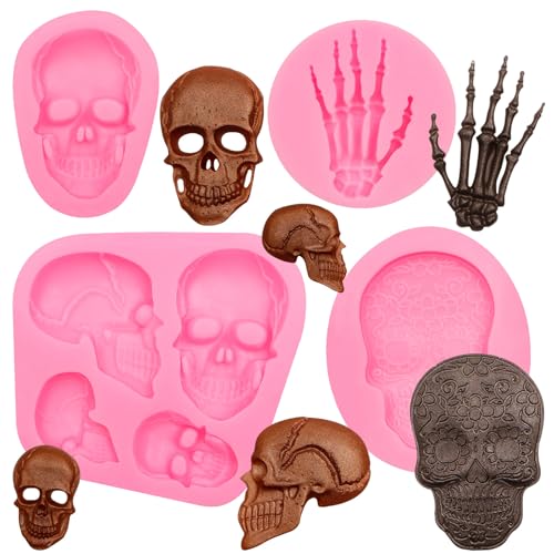 Halloween Skull Silicone Mold Set with Skeleton Hands & Sugar Skull - Pink M107