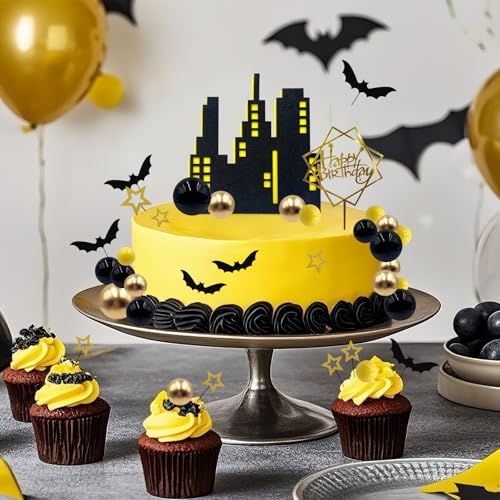 Halloween Bat Cake Toppers Set - Glitter Bats, Stars & Ball Picks for Birthday & Party Decorations