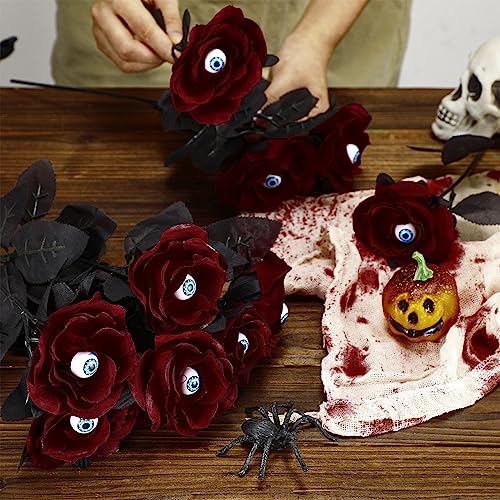 Halloween Artificial Roses Bouquet with Eyeball - 20 Pcs Creepy Floral Decorations, Red