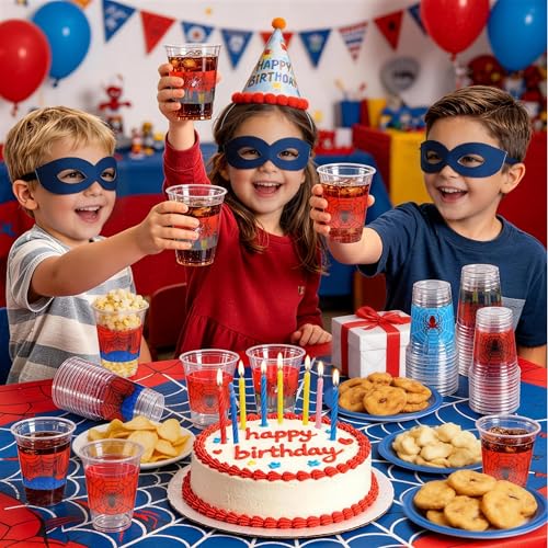 50 Pack Spider Web Party Cups - 12oz Red & Blue Disposable Party Supplies