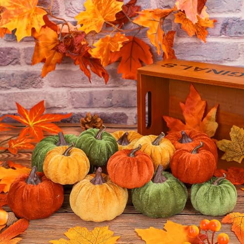 Artificial Velvet Pumpkins Fall Decor Set - Orange Green Yellow 3 Sizes, 12 Pcs